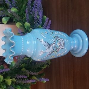 Antique hand blown painted baby blue Bristol glass enamel enameled vase urn